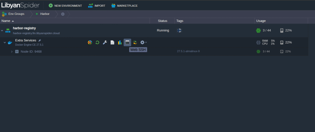image 3 صورة 3: تُظهر بيئة 'harbor-registry' قيد التشغيل وخيار Web SSH.