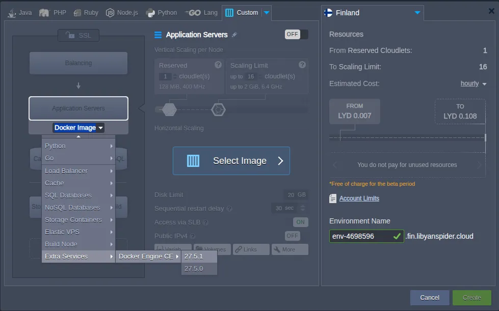 Image 1: The JPaas topology wizard, showing 'Docker Engine CE' selected from the 'Custom' tab.